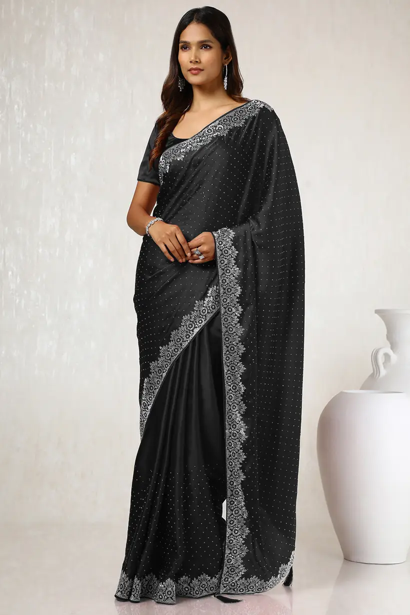 Black Satin Stone Embellished Saree